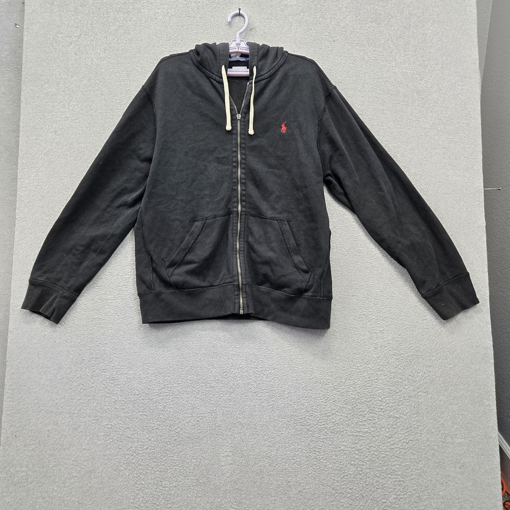 Polo Ralph Lauren Men Hoodie L Black Embroidered Fleece Activewear Zipper READ